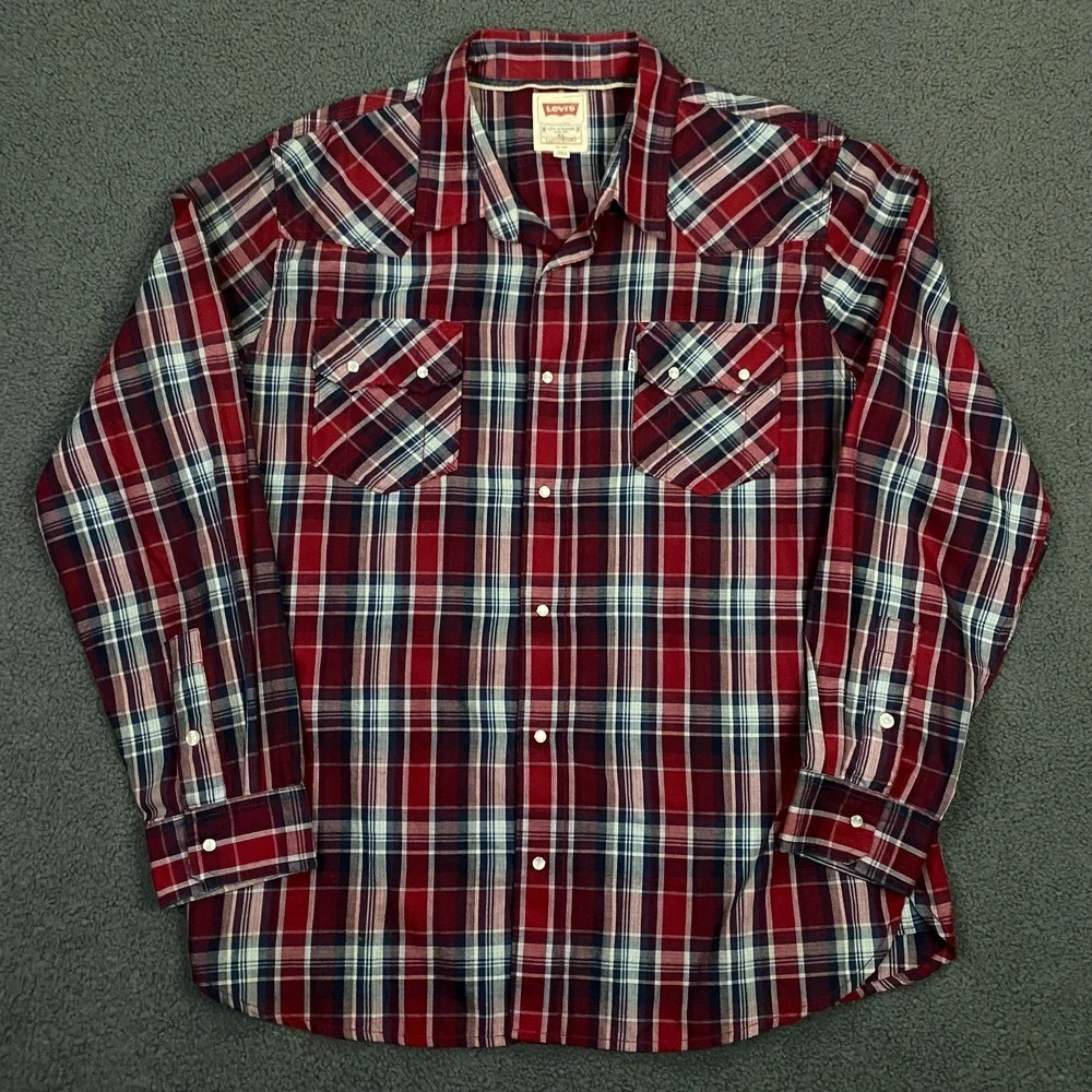 Levis Shirt Mens XL Plaid Western Pearl Snap Light Weight Saw Tooth Pocket Red